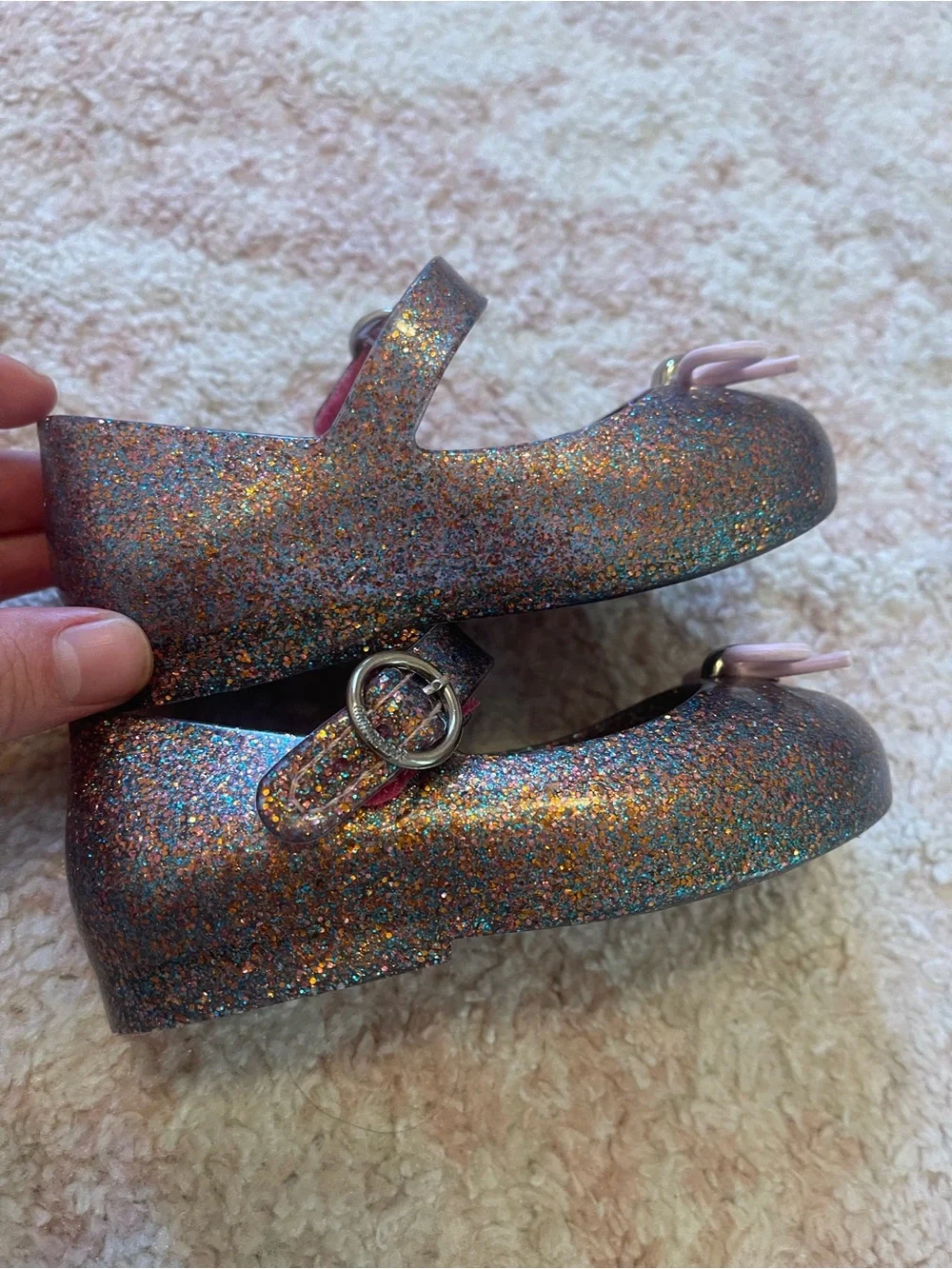 Mini Melissa Glitter Mary Janes with Pink Bow Accent